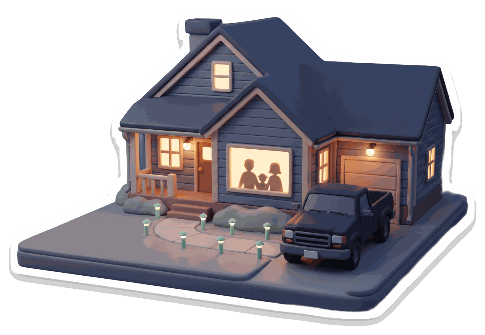 Illustration: a house in the evening, porch lights on, a family in the front window, and the work truck in the drive