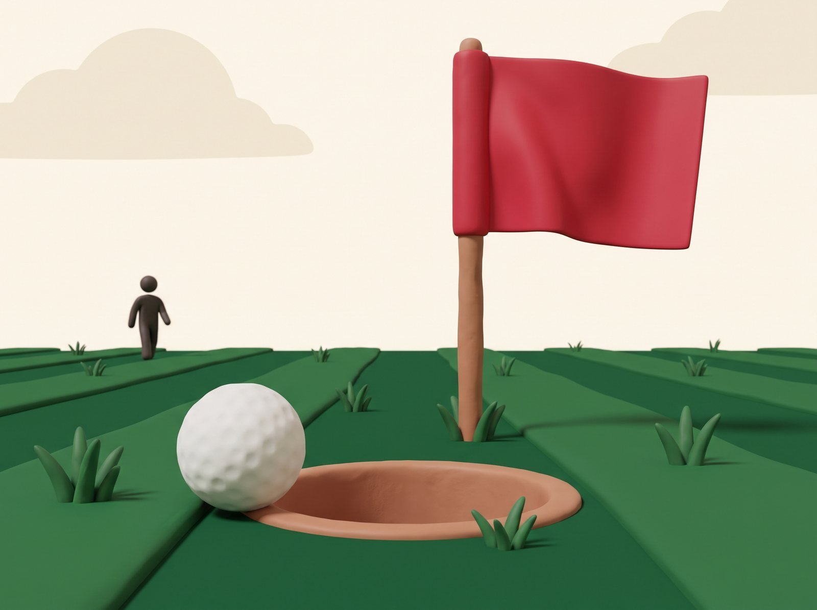 Illustration: a golf ball on the lip of the cup beside a red flag, a golfer walking up in the distance