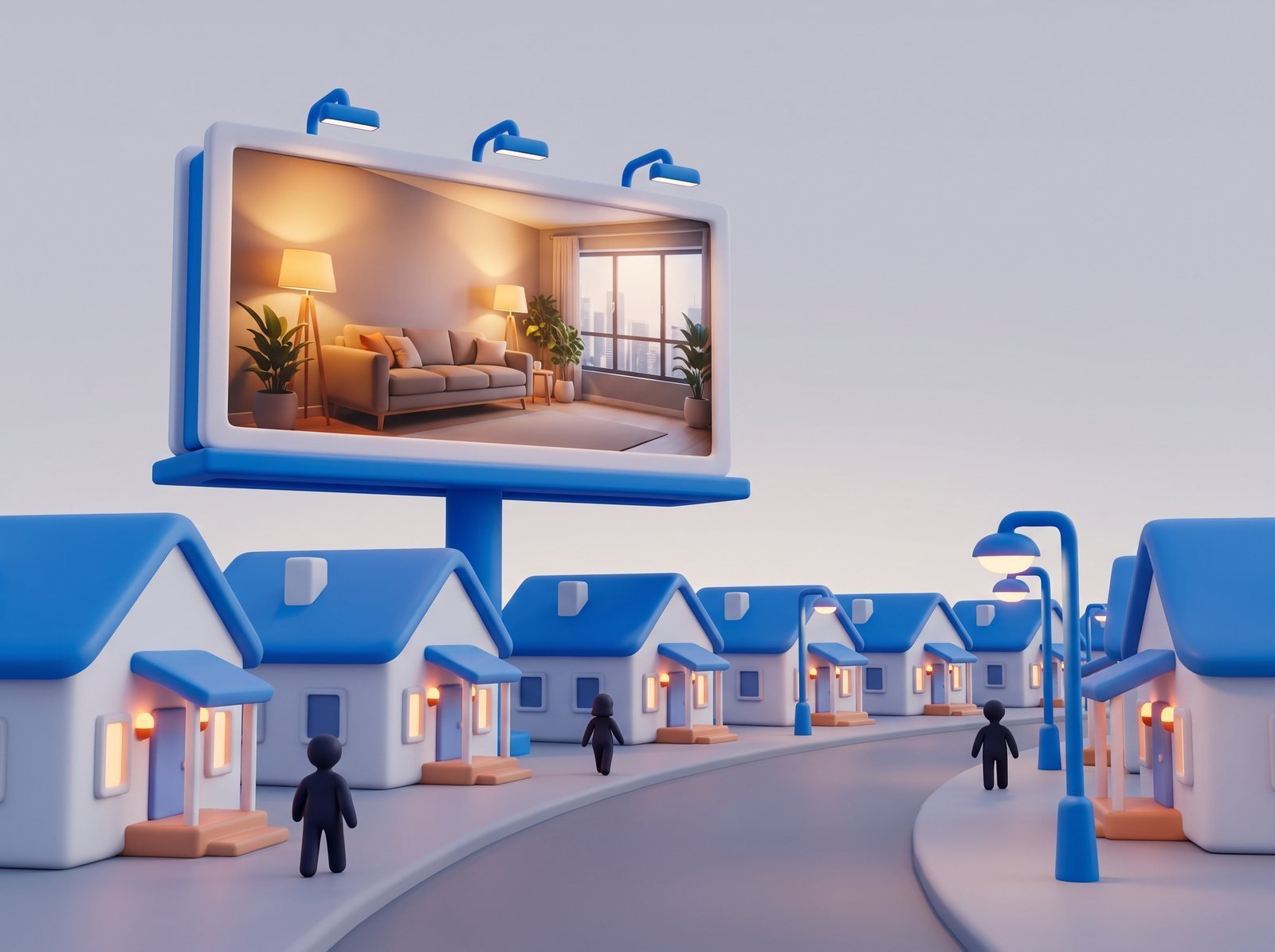 Illustration: a billboard showing a finished living room over a curving neighborhood street at dusk, porch lights on below