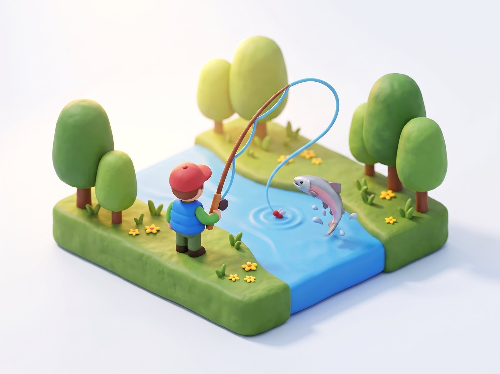 Illustration: a fly fisherman on a grassy riverbank, his line resting on the river and a salmon jumping beyond it
