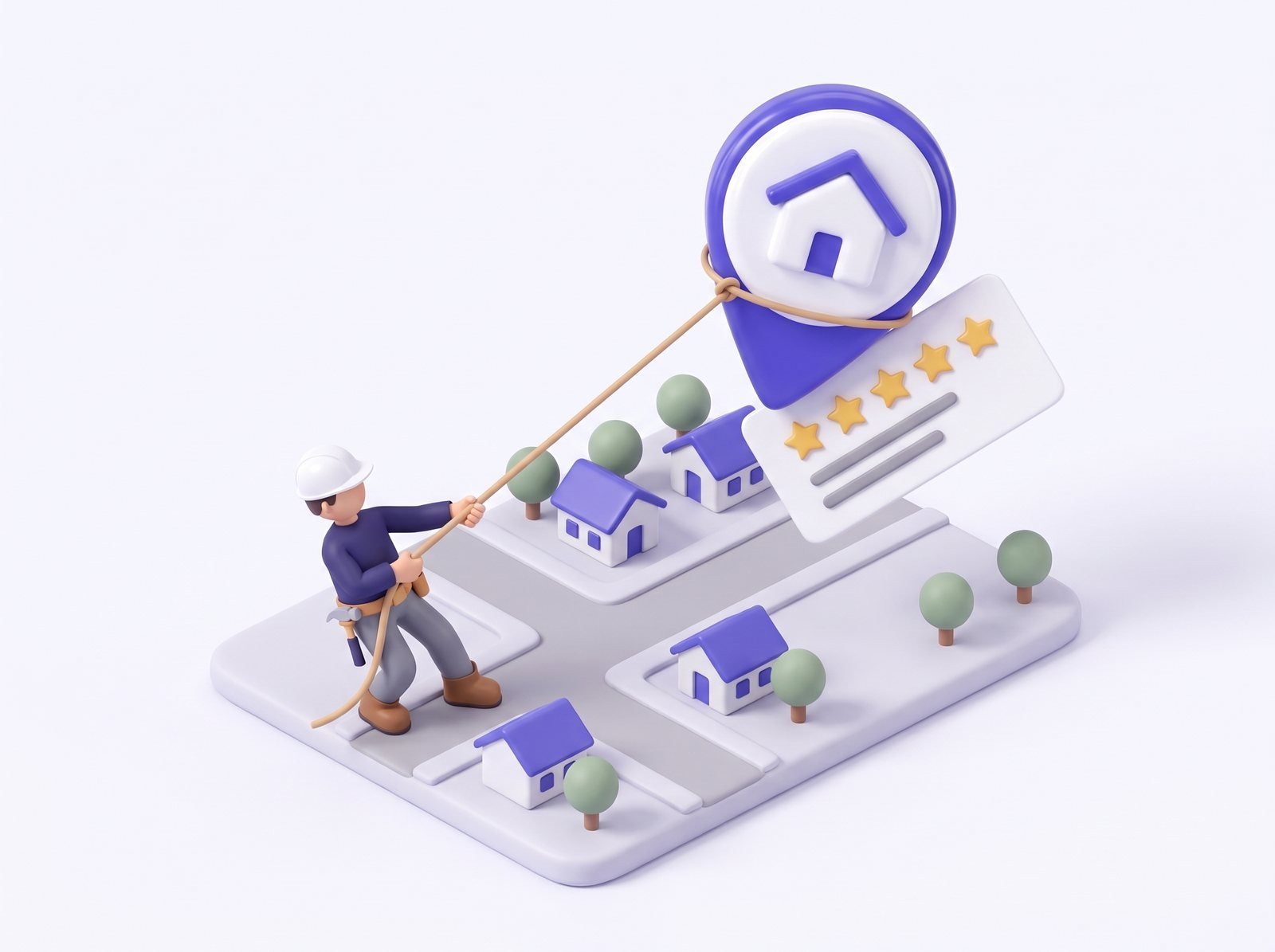 Illustration: a contractor in a hard hat on a clay town map, pulling in a map pin and a five-star review card with a rope