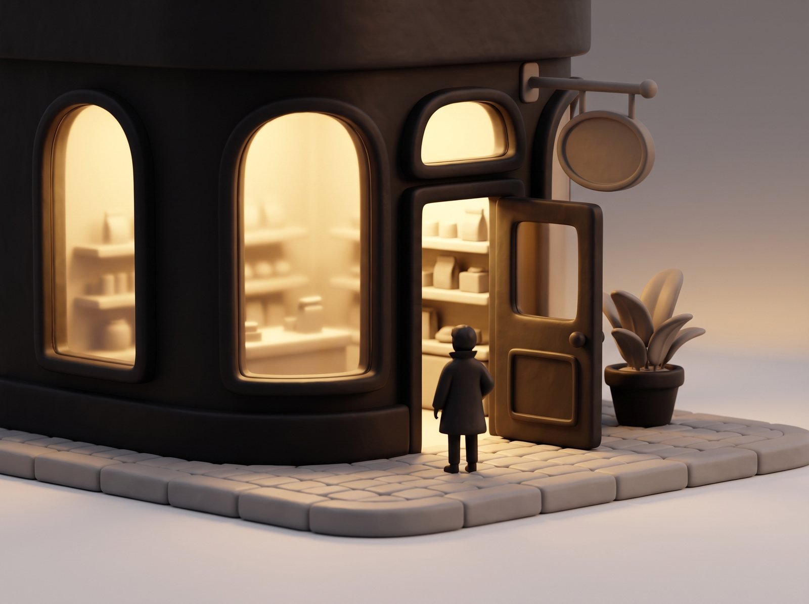 Illustration: a small shopfront at dusk, arched windows lit inside, a customer walking through the open door