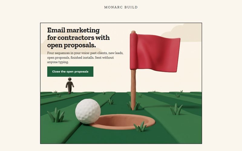 Screenshot of the Monarc Build email marketing page: the headline over the sky of an illustration of a golf ball at the cup beside a red flag