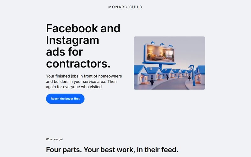 Screenshot of the Monarc Build Facebook ads page: headline and an illustration of a billboard over a neighborhood street