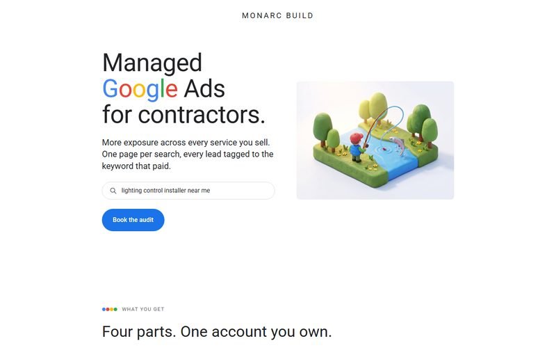Screenshot of the Monarc Build Google Ads page: headline, search bar, and an illustration of a fly fisherman with a salmon jumping