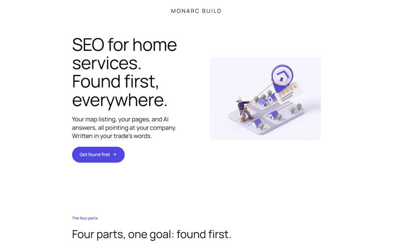 Screenshot of the Monarc Build SEO page: headline and an illustration of a contractor roping in a map pin and a five-star review card