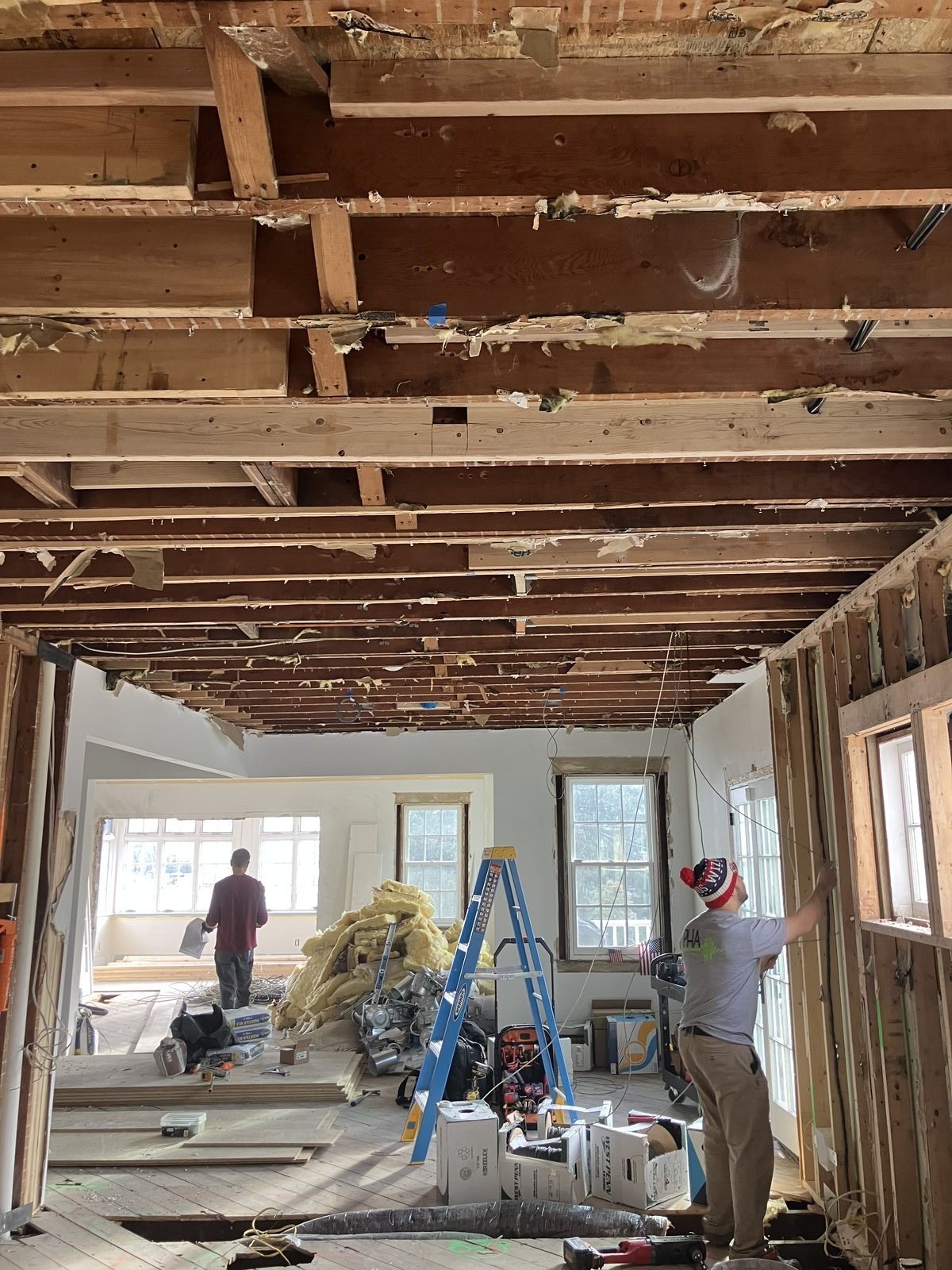 Rough-in of the Georgian Colonial: exposed joists and low voltage wire runs